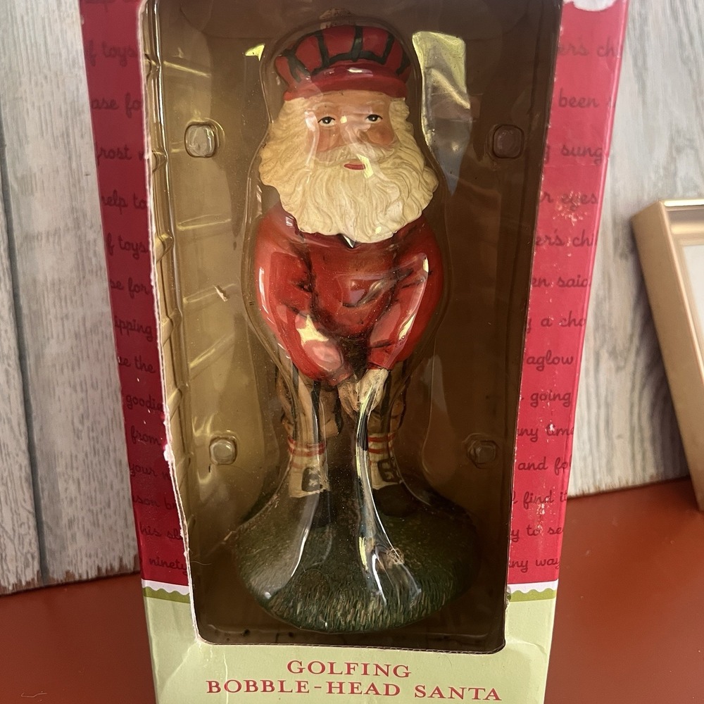 Vintage 2002 Golfing Bobble-Head Santa Hand-Sculpted Figurine